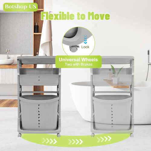 2 Tier Laundry Hamper with Wheels, Large Capacity Rolling Basket Organizer, Grey Stackable Bins 1
