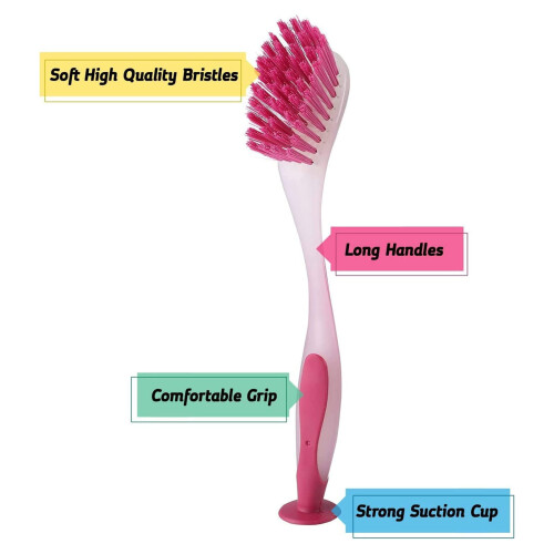 Set of 3 Suction Dish Scrubber Extended Handle Bright 2