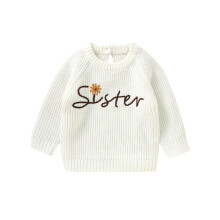 (9-12 Months, White) Dívčí svetr pro batolata, vyšívané písmena, dlouhý rukáv, kulatý výstřih na zádech, dutý žebrovaný pletený svetr