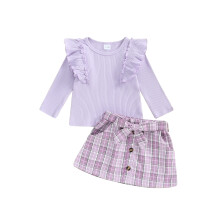 (4 Years, Purple) Ensemble d'automne pour petite fille : haut à manches longues et jupe à carreaux (3 pièces).