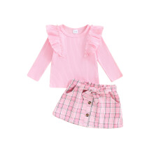 (18-24 Months, Pink) Ensemble d'automne pour petite fille : haut à manches longues et jupe à carreaux (3 pièces).