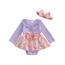 (12-18 Months, Purple) Dievčenské overaly s potlačou, čipkovaným lemom a dlhým rukávom, roztomilá čelenka.