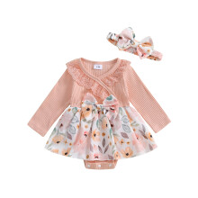 (6-12 Months, Multicolor) Dievčenské overaly s potlačou, čipkovaným lemom a dlhým rukávom, roztomilá čelenka.
