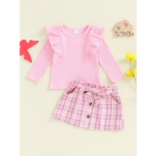 (12-18 Months, Pink) Φθινοπωρινό ντύσιμο για φούστα καρό. 2