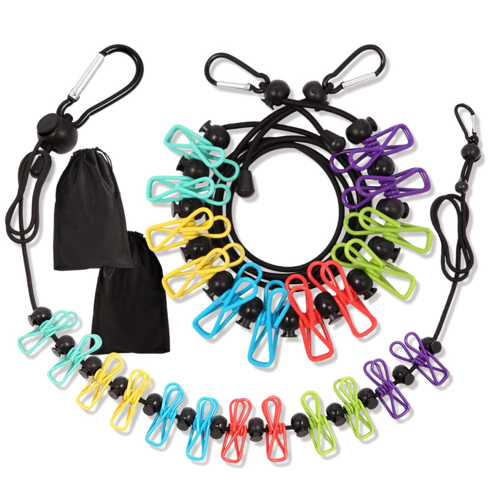 2 Pack Portable Travel Clothesline With 12 Clothespins, Retractable 11Ft Elastic Cord With Durable Carabiner Clips For Camping, Rv, Hotel 9187378979440