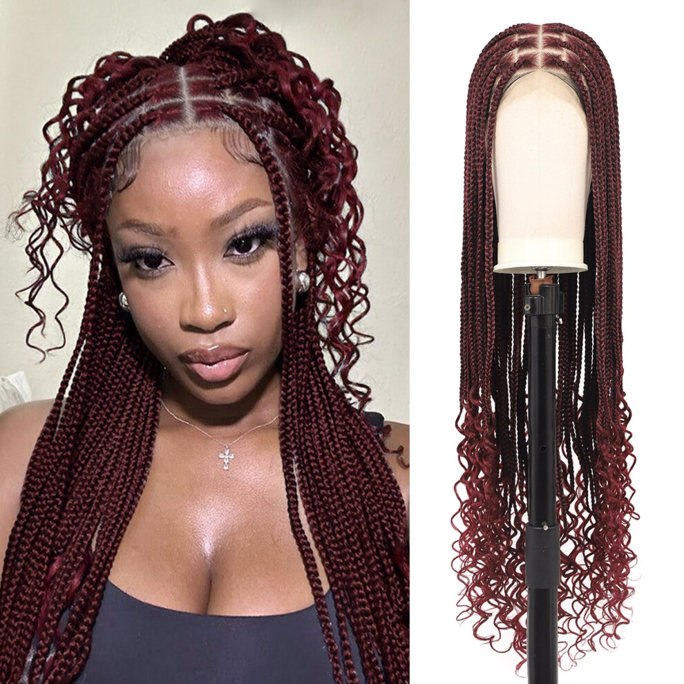 36 Inch 360 HD Full Lace Knotless Braided Wig with Curly Ends and Baby Hair Burgundy for Women