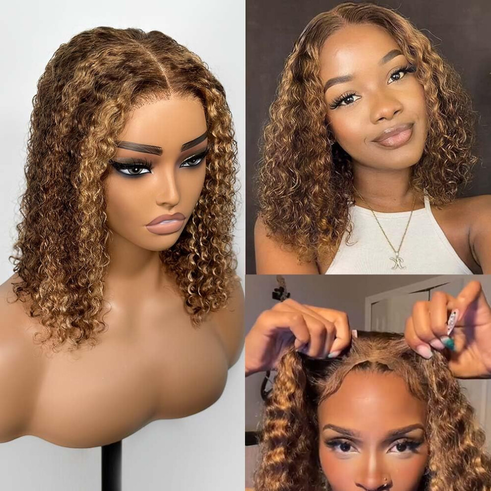 Unisex Human Hair Lace Front Wig Pre Plucked Glueless Bob Honey Blonde Deep Wave 5X5 Hd Lace Closure