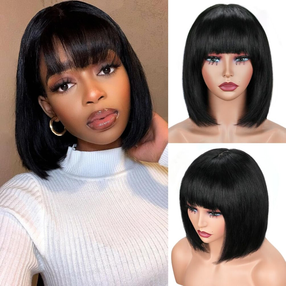Brazilian Human Hair Bob Wig with Bangs 180% Density Glueless Straight 12 Inch for Black Women