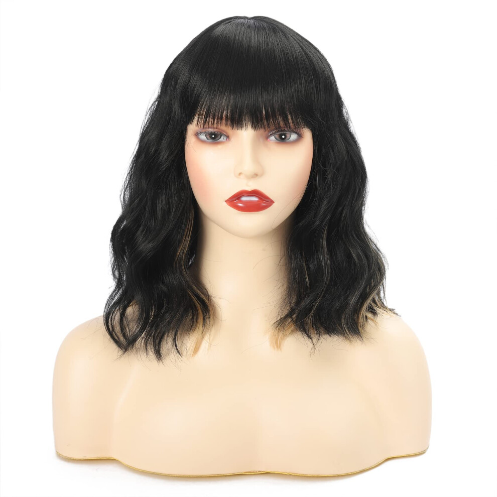 Unisex Brown 12 Inch Ash Blonde Bob Wig With Bangs For Women, Naturallooking Highlight Wavy Synthetic Wig
