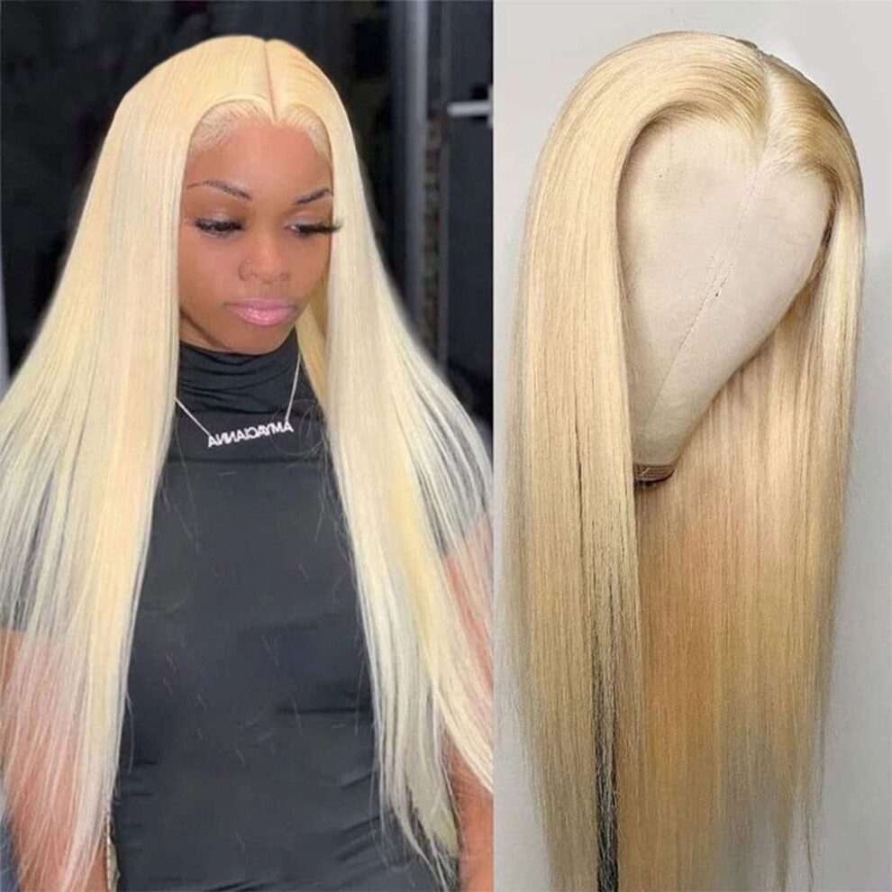 Blonde Lace Front Wig Long Straight Human Hair Blend Heat Resistant Natural Hairline for Women