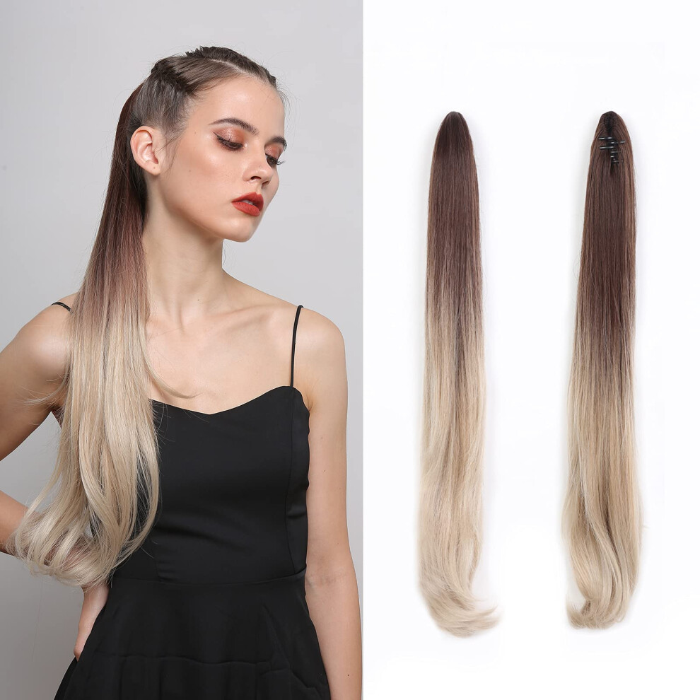 28 Inch Ombre Straight Synthetic Ponytail Hair Extension for Women, Clip In Drawstring Hairpiece