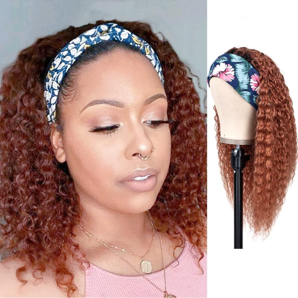 Unisex Black Curly Headband Wig Human Hair For Women, Brazilian Virgin Hair 1B/Red 12 Inch Glueless