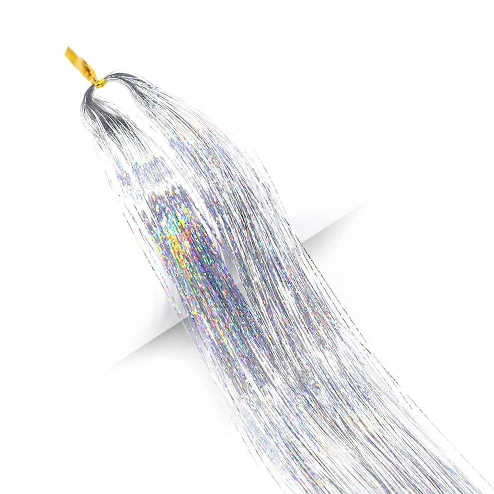 Unisex Hair Tinsel Kit 2400 Strands 48 Inch Heat Resistant Holographic Hair Extensions With Tool, 12 Colors For Women