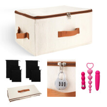 Adult Toy Storage Box with Combination Lock and 6 Bags, Foldable Washable Discreet Case Cream