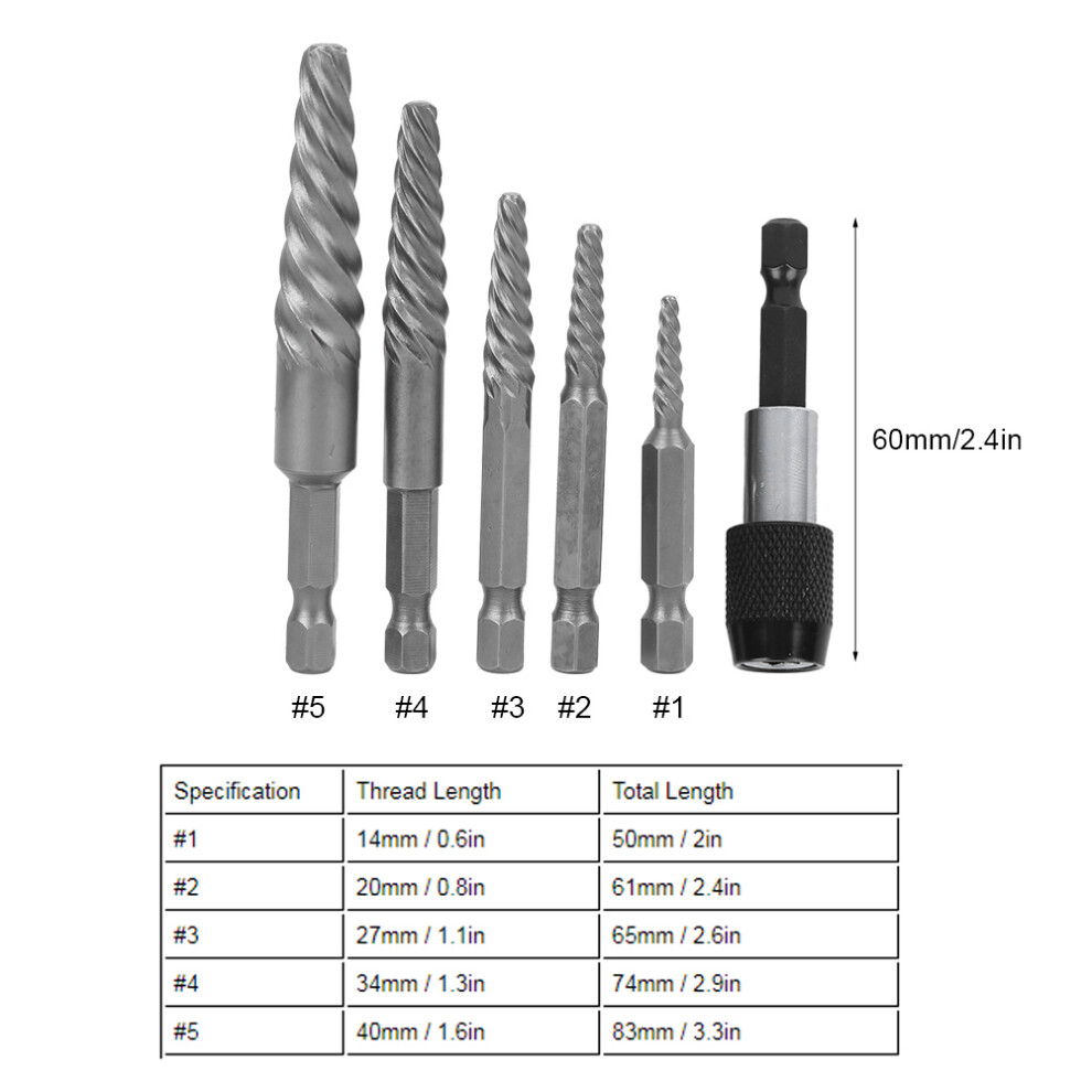 6Pcs High-Speed Steel Broken Screw Extractor Set, Coarse Teeth, 60Mm Length 4981379755196