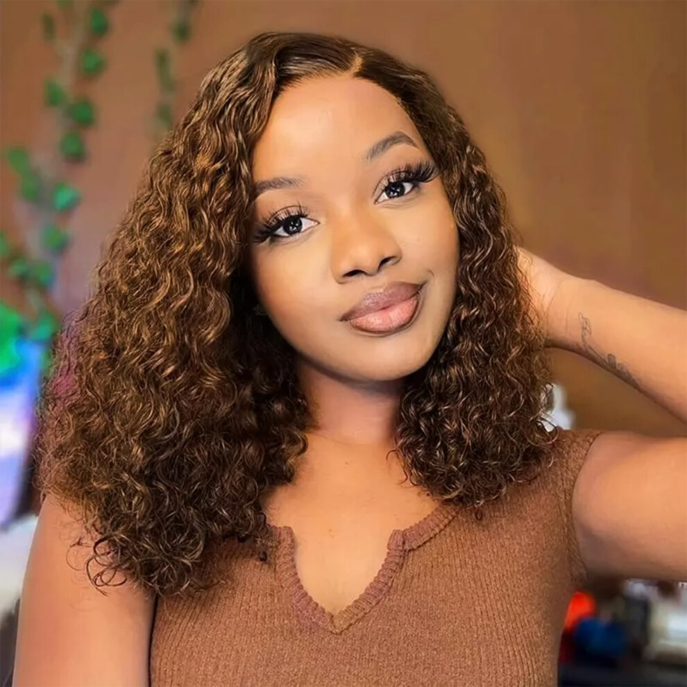Unisex Brown Chocolate Curly Lace Front Bob Wig Human Hair 13X4 Hd Pre Plucked Glueless 16 Inch 220% Density
