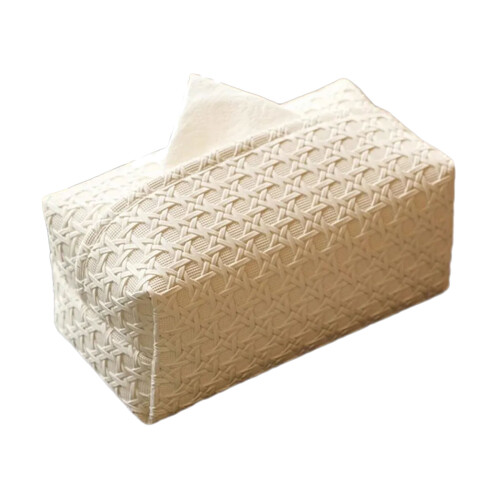 Decoratieve PU-lederen tissuebox met rotanweefselpatroon,-Wit