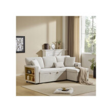 Three-seater corner sofa bed, corner sofa, L-shaped sofa bed, pull-out modular sofa bed with open storage compartments, beige