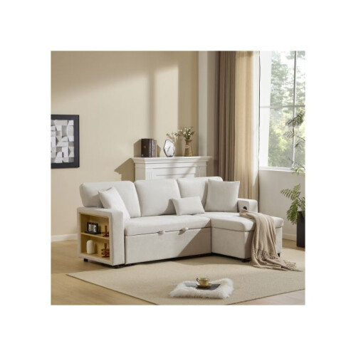Three-seater corner sofa bed, corner sofa, L-shaped sofa bed, pull-out modular sofa bed with open storage compartments, beige