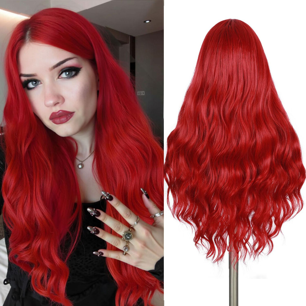Red Long Curly Wig for Women Heat Resistant Synthetic Vibrant Curls with Cap for Cosplay Party