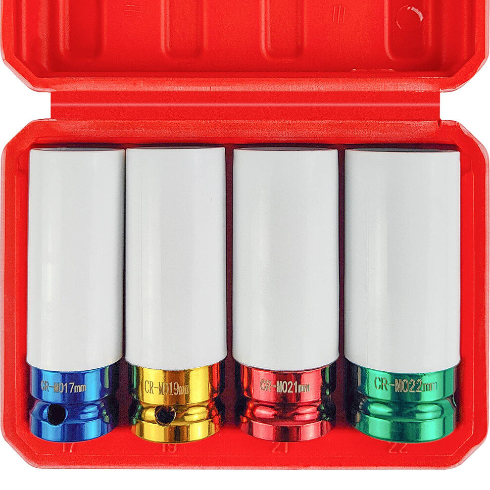 4Pcs 1/2 Inch Deep Impact Lug Nut Socket Set With Rim Protection, Thin Wall Crmo Steel 17Mm 19Mm 21Mm 22Mm 9094768003176