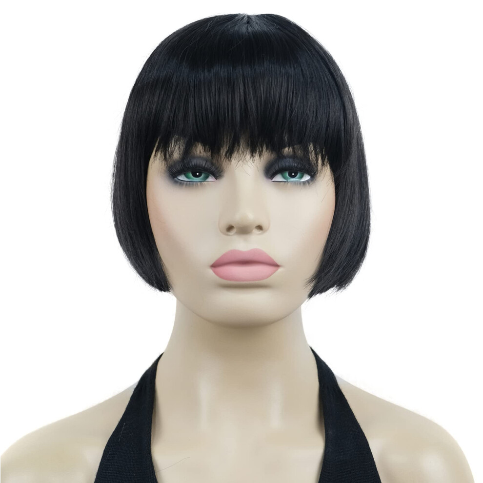 Unisex Black Short Bob Synthetic Wig With Bangs Natural Heatresistant Fibers Adjustable Fit