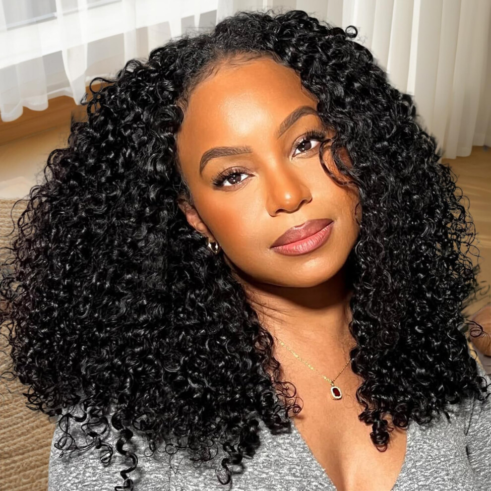 V Part Kinky Curly Human Hair Wig 22 Inch Brazilian Virgin No Glue Natural Curl  Density