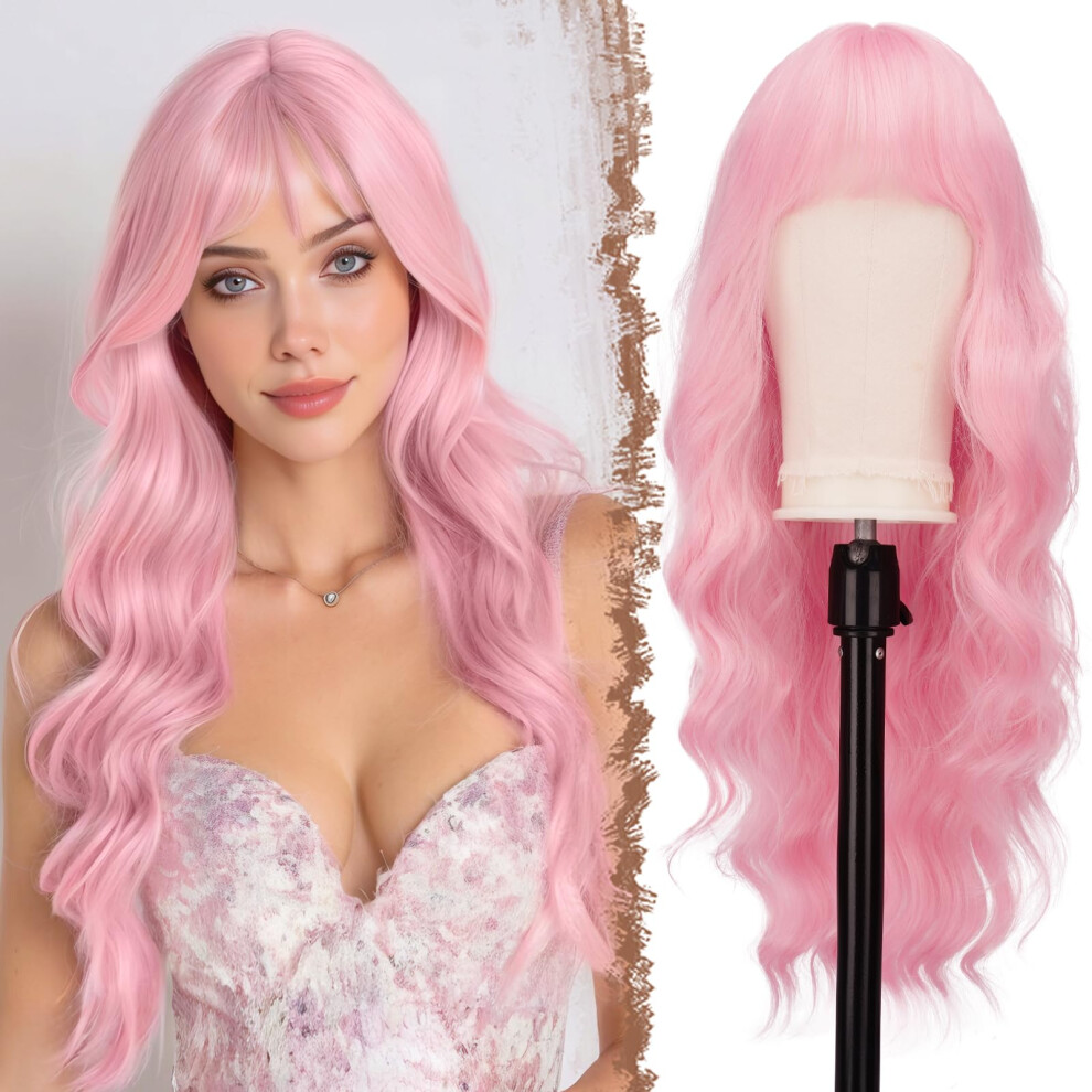 Unisex 26 Inch Long Wavy Synthetic Wig With Bangs For Women, Heat Resistant Naturallooking Hair