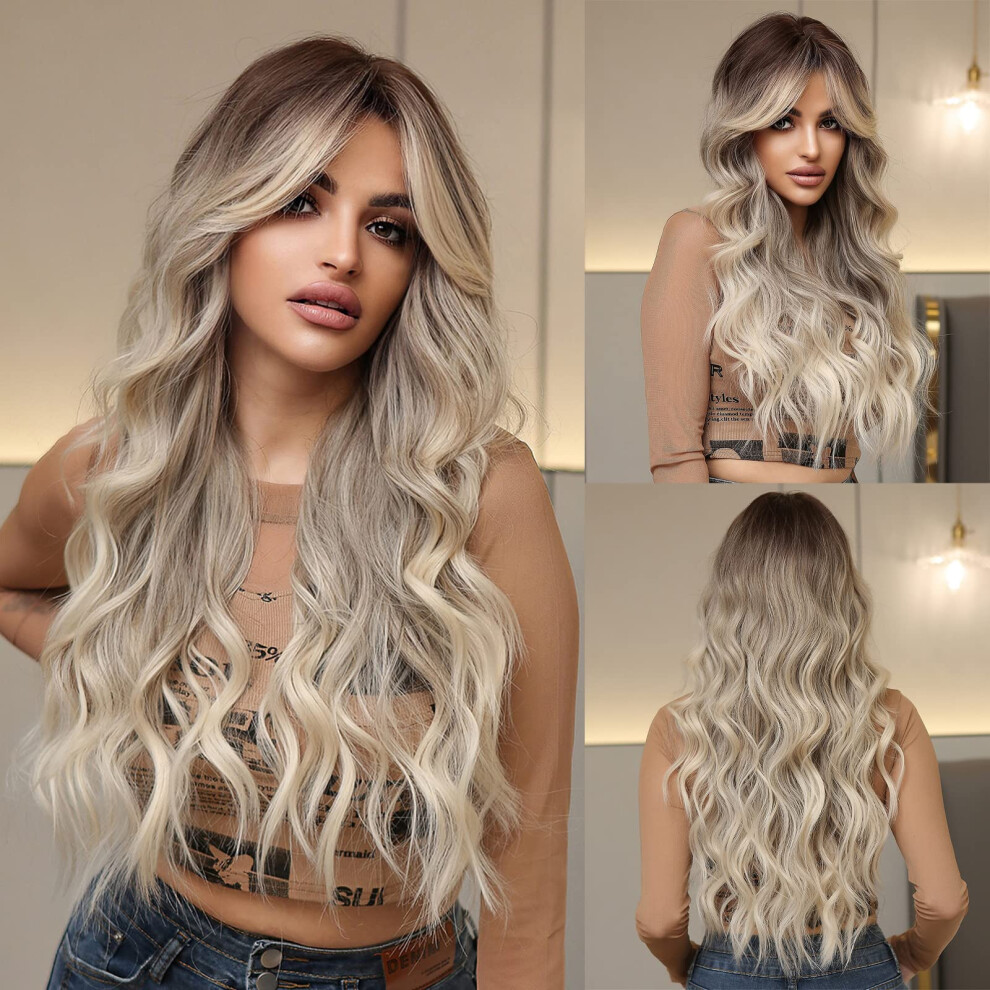 Unisex Brown 26 Inch Ash Blonde Ombre Synthetic Wig Long Wavy Layers With Bangs Heat Resistant For Women