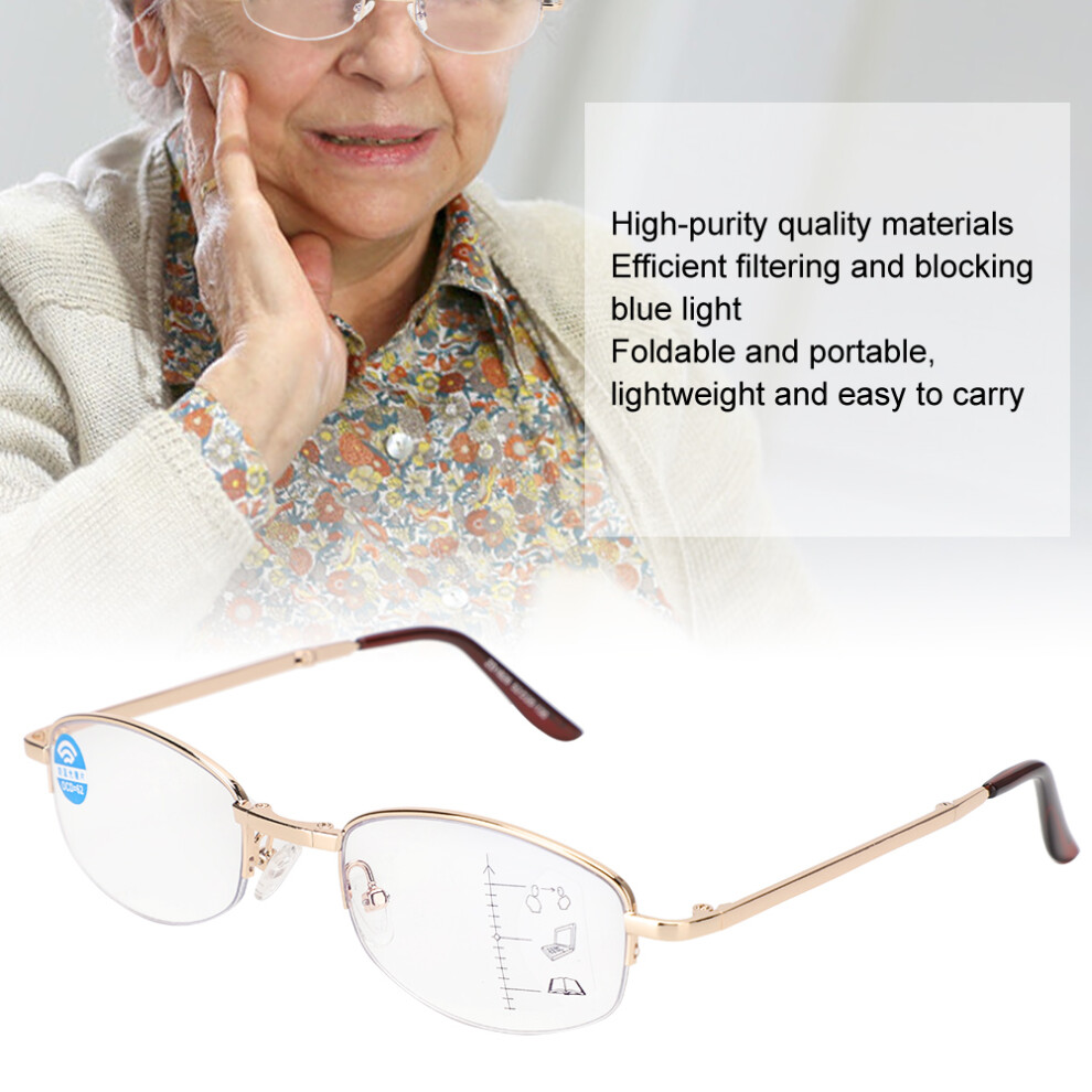 Blue/Light/Gold Multifocal Progressive Blocking Reading Glasses +200 Frame