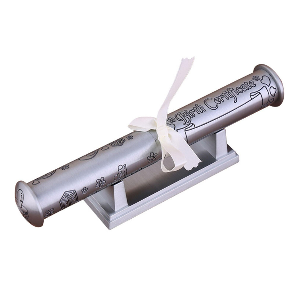 Birth Certificate Holder Plated Zinc Alloy Tube With Engraved Design For Keepsake Gift Silver