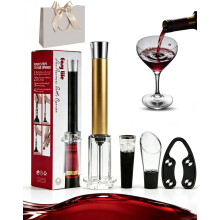 4in1 Electric Wine Opener Set with Aerator and Vacuum Stopper, Fast Air Pressure Cork Removal, Gold