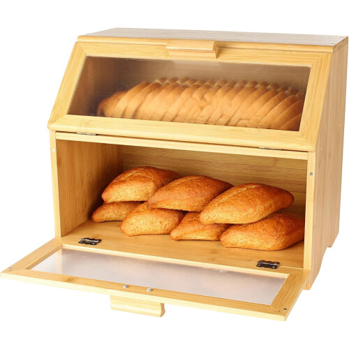 Bamboo Bread Box Double Layer Extra Large Wooden Countertop Bread Storage Bin Organizer 2