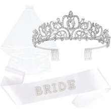 Bridal Shower Accessories Bride to Be Crown Veil Sash Set with Rhinestone Tiara and Pearl Sash