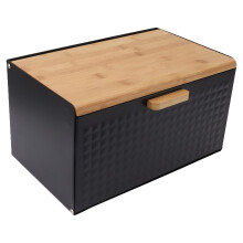 Large Capacity Vintage Metal Bread Box with Wooden Lid for Kitchen Countertop Storage (Black)