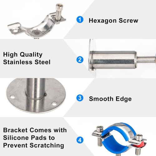 4PCS 304 Stainless Steel Adjustable Pipe Clamp 3/4 Inch Wall or Ceiling Mount Support Bracket 1