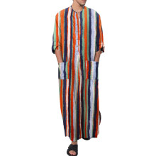 Mens Muslim Robe Jubba Thobe Kaftan Abaya Striped Gown 3/4 Sleeve Round Neck With Pockets Loose Fit Tall 3XL Orange