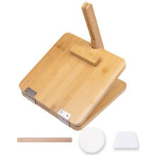 Wooden Tortilla Press 10 Inch Square Set with Rolling Pin Dough Scraper and 50 Papers