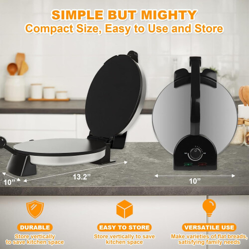 10 Inch Electric Roti Maker with Adjustable Temperature Control, Nonstick Surface and  Roti Warmer 2