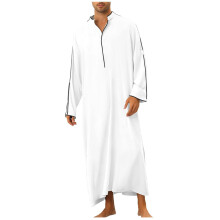 Men's Casual Robe Cotton Thobe VNeck Long Sleeve, Extra Long Floor Length, Lightweight Breathable, White, Size S2XL