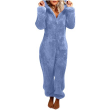 Women Fleece Onesies Hooded Teddy Bear Jumpsuit Blue Size L Flannel One Piece Pajamas Winter Warm Plush Loungewear