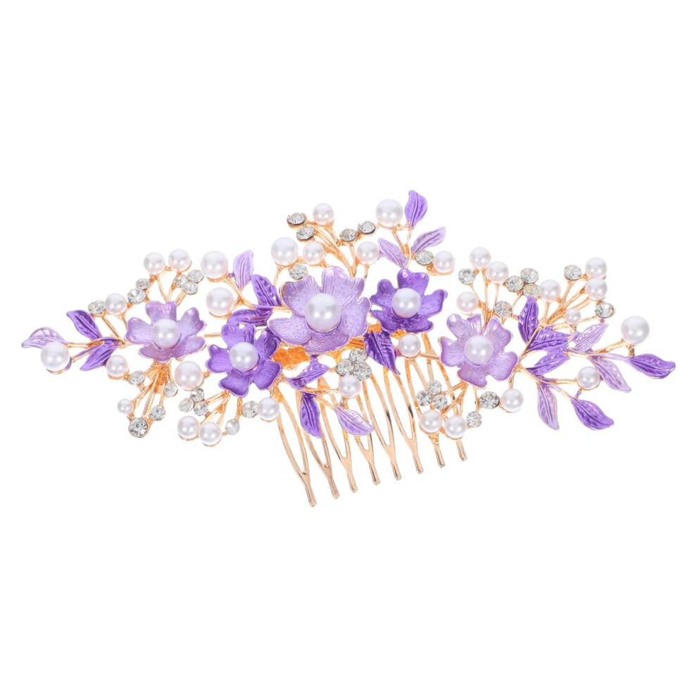 Bridal Hair Comb with Rhinestone Floral Design for Wedding and Bridesmaids, Purple Alloy Hairpiece