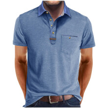Polo Shirts Adult Men Casual Color Block Short Sleeve Golf Shirt V Neck With Pocket Buttons Size SXXL Light Blue