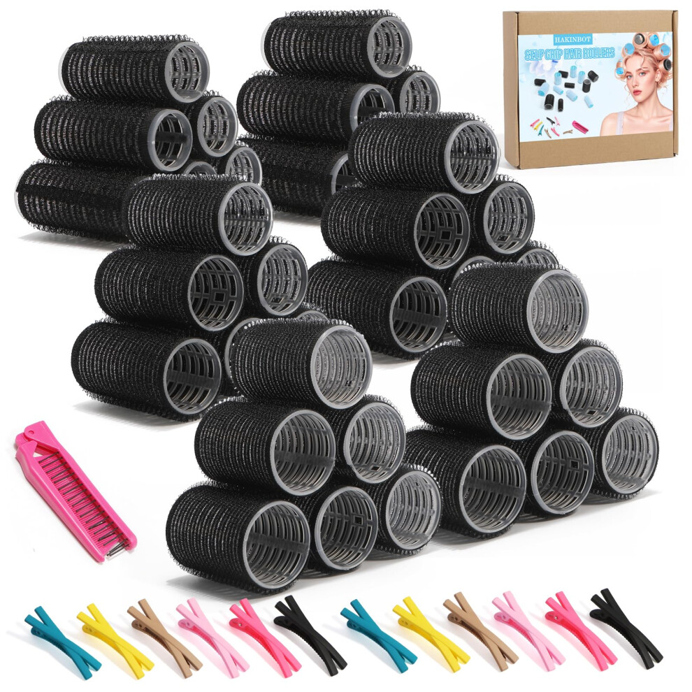 Heatless Hair Rollers Kit with Self Grip Curlers, 3 Sizes for Short and Medium Hair, 36 Rollers, 12 Clips, Comb, Black