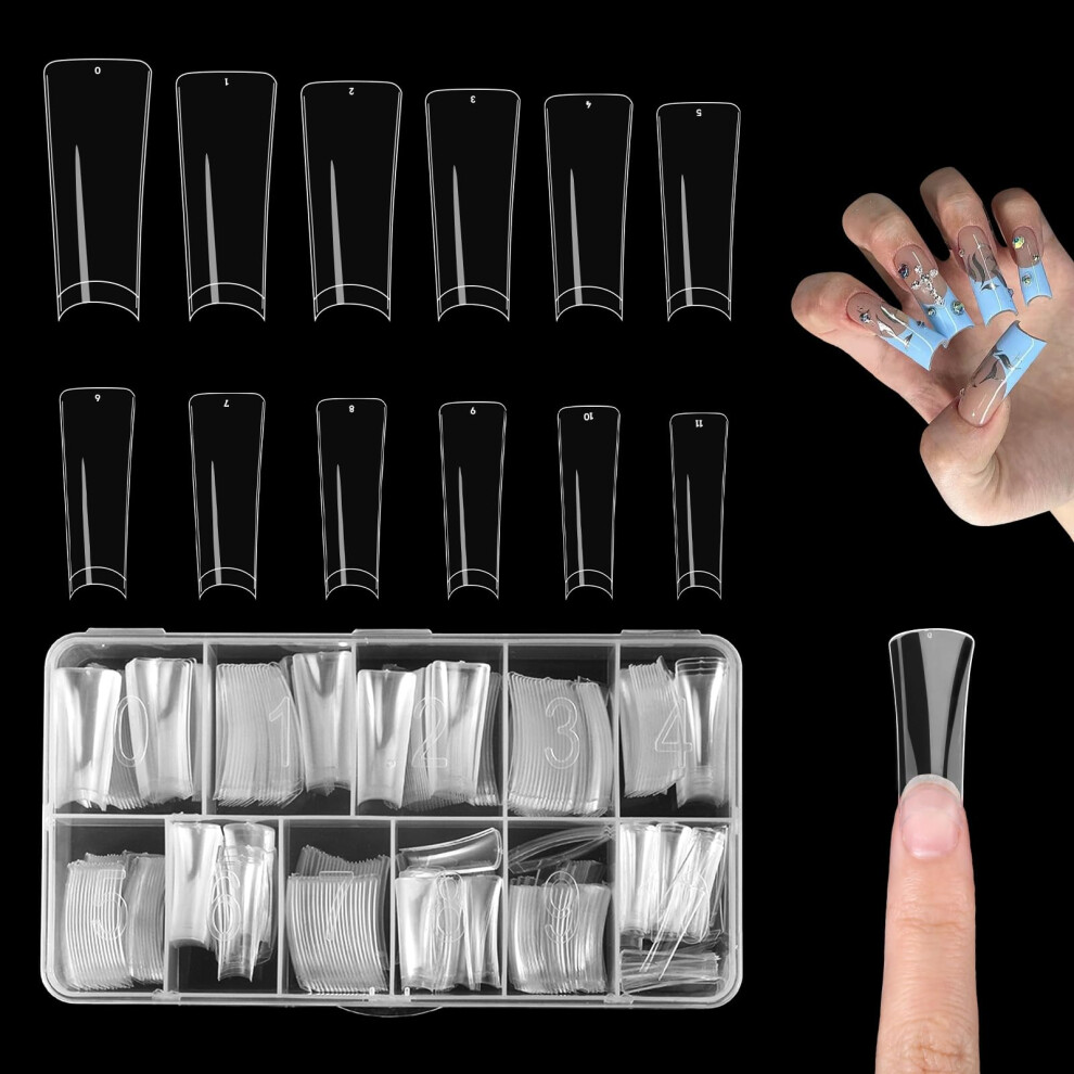 504pcs Long Duck Nail Tips Acrylic False Clear Half Cover 12 Sizes Bold Shape Nail Extensions Set