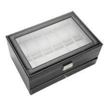 Leather Watch Box With Display Glass Top Lockable Watch Case Velvet Interior Lining Removable Pillows Jewelry Storage Compartments Clear Glass Lid Ele