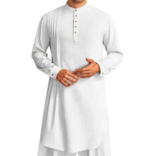 Mens TShirt Linen Long Sleeve Kaftan Thobe Gown For Men, Casual Muslim Robe, White Size L