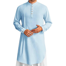 Men's Linen Long Sleeve Kaftan Thobe 2025 Model Blue 3XL Casual Muslim Dress Shirt Robe