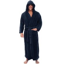 Mens Hooded Dressing Gown Long Hooded Bathrobe For Men Super Soft Fleece Flannel Bathrobe Dark Blue Shawl Collar