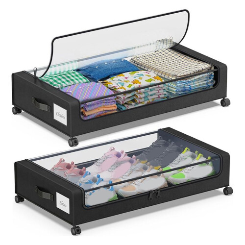 Under Bed Storage with Wheels,2-Pack Under Bed Storage Containers with Lids Rolling Under Bed Drawer for Clothes,Shoes,B